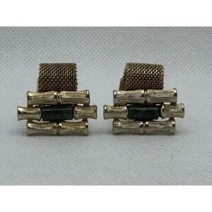 VINTAGE BAMBOO NATURAL JADE STONE MESHWRAP MESH WRAP CUFFLINKS